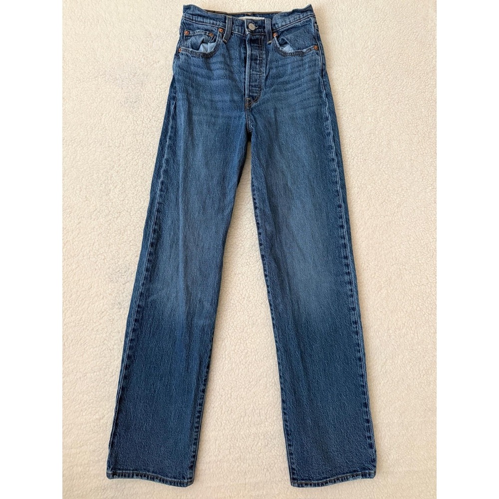Levis Ribcage Straight Jeans Womens 24x32 Blue Med Wash High Rise Stretch Denim